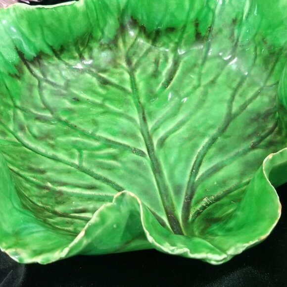 Antique Green Lettuceware Cabbage Leaf Majolica Bowl Paste Glaze Italy Napoli - Picture 8 of 10